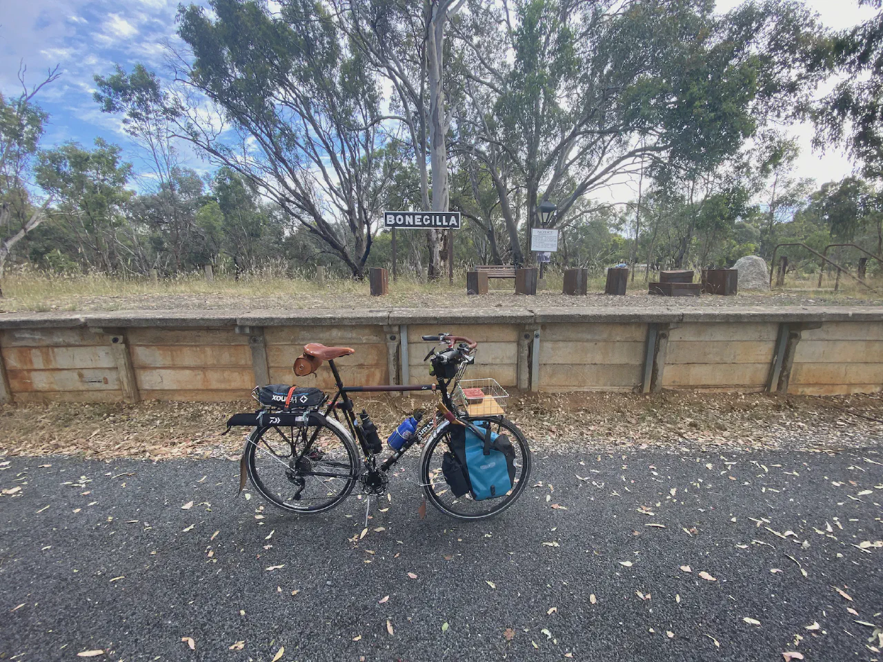 Stopping at the historic old Bonegilla Train Platform on the High Country Rail Trail