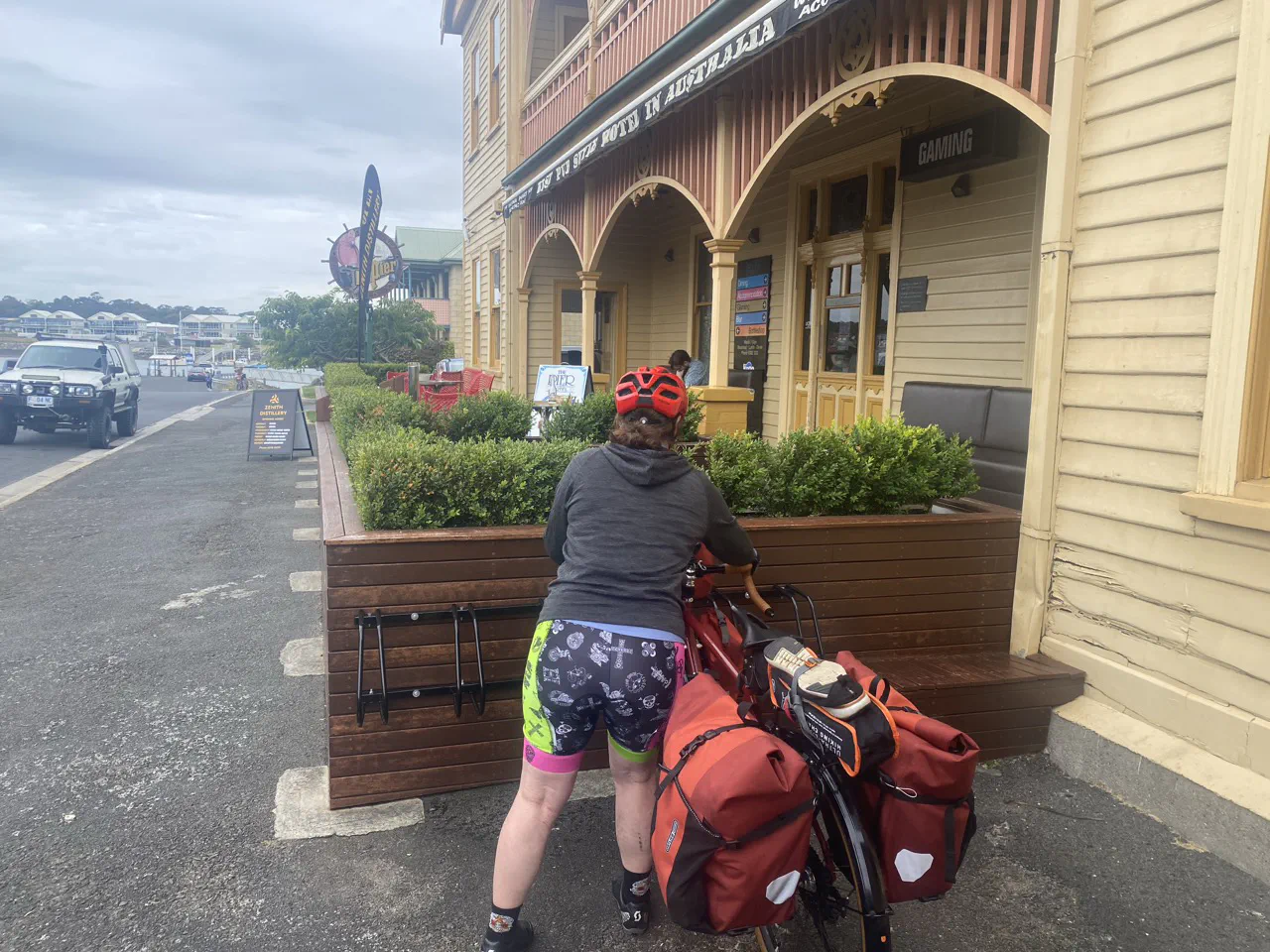Parking our bikes at The Pier