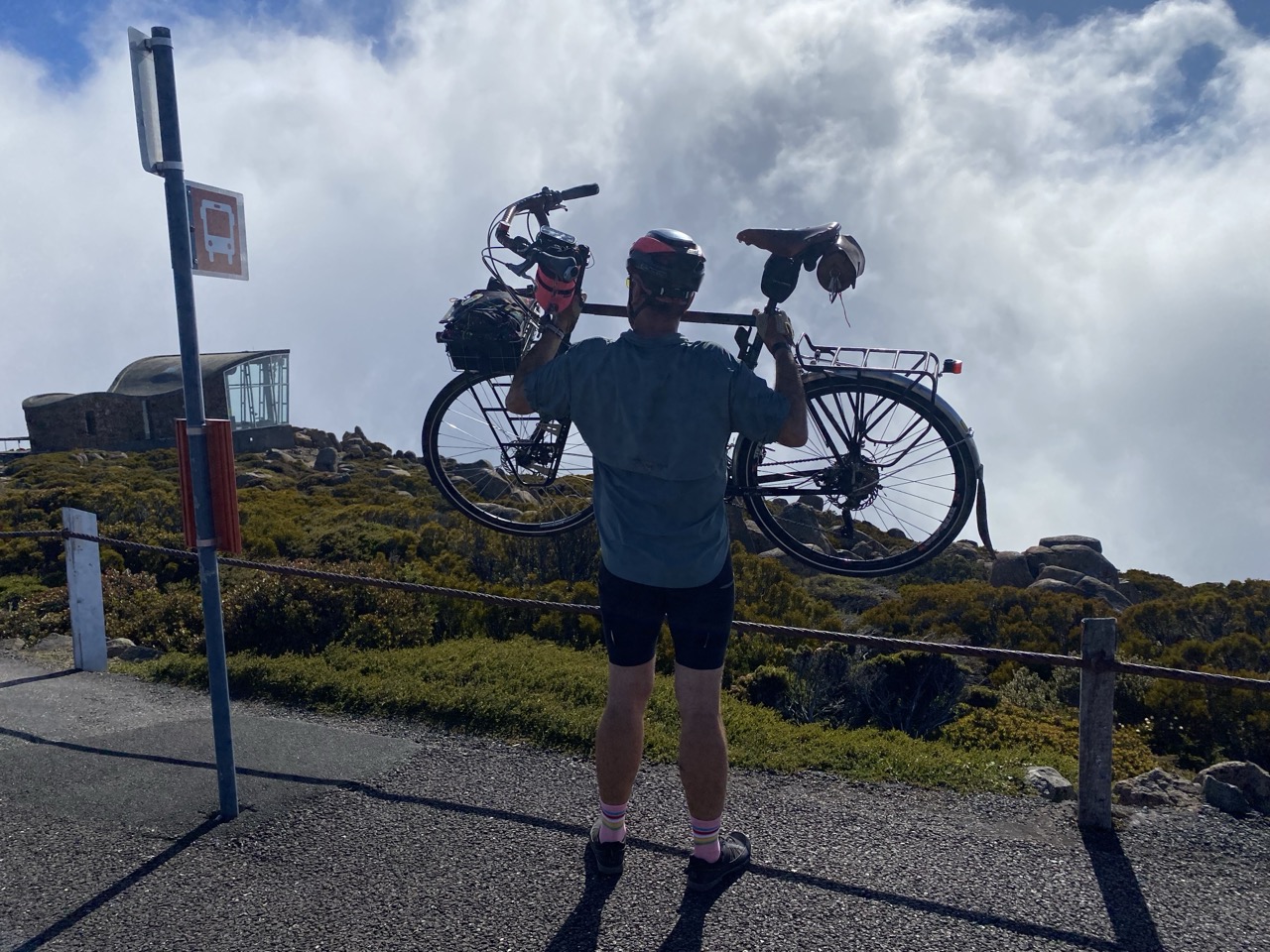 Showing Serena the sights from the summit of kunanyi.